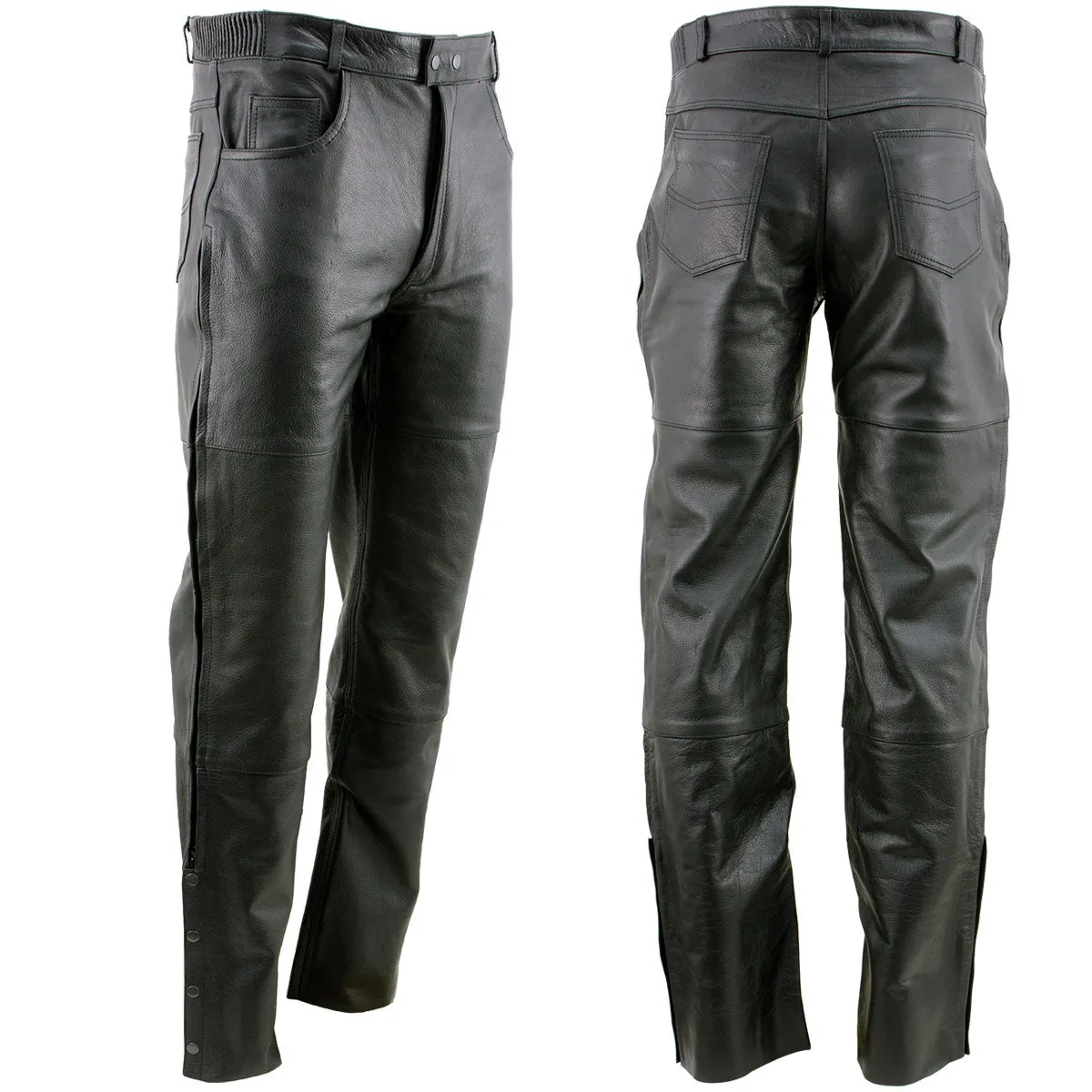 Xelement Men's Black Premium Leather Motorcycle Over Pants with Side Zipper and Snaps B7470