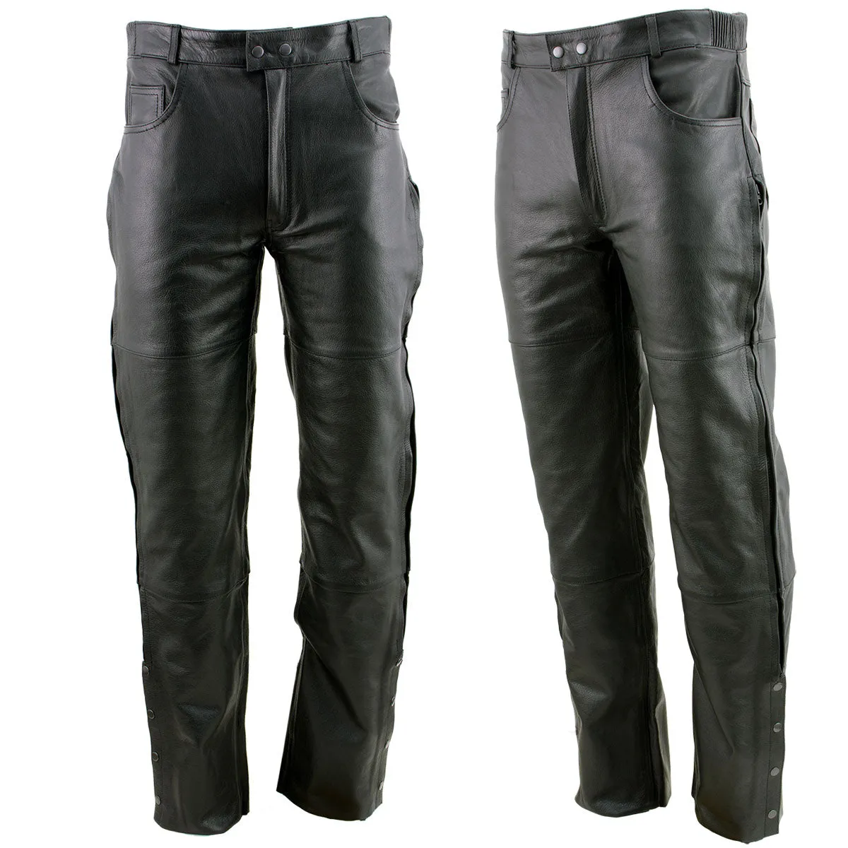 Xelement Men's Black Premium Leather Motorcycle Over Pants with Side Zipper and Snaps B7470